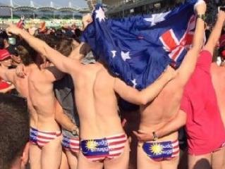 Twitter pic - Australian F1 fans pictured in their budgy smugglers at the Malaysian Grand Prix. Picture: Nik Asyraaf ‏@nikasyraaf /Twitter