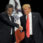 Republican presidential candidate Donald Trump, right, shakes hands with co-headliner Jerry Falwell Jr., leader of the nation's largest Christian university, during a campaign event at the Orpheum Theatre in Sioux City, Iowa, on Jan. 31, 2016. Photo courtesy of Reuters/Dave Kaup