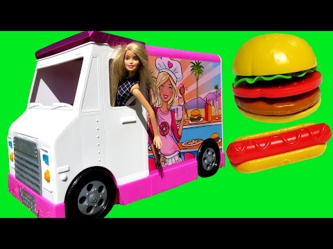 FOOD Truck ! ELSA & ANNA toddlers & Barbie - KETCHUP everywhere - Hotdogs Burgers Pizza Sandwich