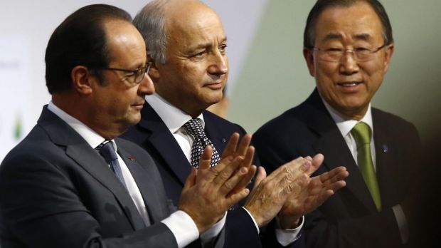 French President Francois Hollande, left, French Foreign Minister Laurent Fabius and UN Secretary-General Ban Ki-moon at ...