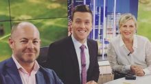 Andrew Webster, James Bracey and Rebecca Wilson on the set of the Sky News Sportsnight show.