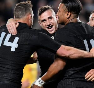 Special night: Julian Savea celebrates with TJ Perenara, Israel Dagg, Aaron Cruden and Anton Lienert-Brown.