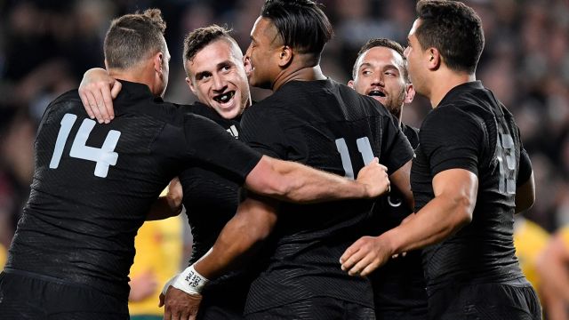 Special night: Julian Savea celebrates with TJ Perenara, Israel Dagg, Aaron Cruden and Anton Lienert-Brown.