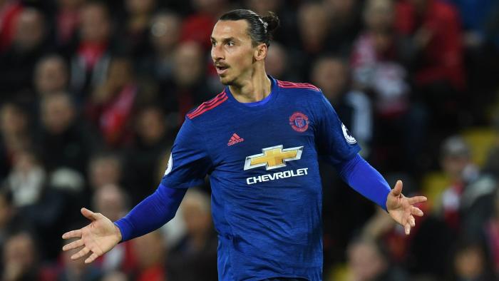 Manchester United's Swedish striker Zlatan Ibrahimovic reacts after being caught offside during the English Premier League football match between Liverpool and Manchester United at Anfield in Liverpool, north west England on October 17, 2016. / AFP PHOTO / Paul ELLIS / RESTRICTED TO EDITORIAL USE. No use with unauthorized audio, video, data, fixture lists, club/league logos or 'live' services. Online in-match use limited to 75 images, no video emulation. No use in betting, games or single club/league/player publications. /