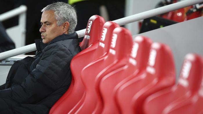 Manchester United's manager Jose Mourinho sits pitch side ahead of the English Premier League soccer match between Liverpool and Manchester United at Anfield stadium in Liverpool, England, Monday, Oct. 17, 2016. (AP Photo/Dave Thompson)