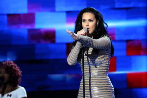 Katy Perry sings to the Democratic National Convention in Philadelphia, July 28, 2016.