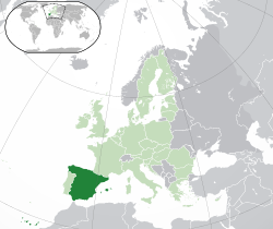 Location of  Spain  (dark green)– in Europe  (green & dark grey)– in the European Union  (green)