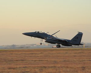 File - A U.S. Air Force F-15E Strike Eagle lands at Incirlik Air Base, Turkey, Nov. 12, 2015. Six F-15E’s deployed to Incirlik from the 48th Fighter Wing based at RAF Lakenheath, England, to conduct missions in support of Operation Inherent Resolve.