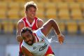 Adam Goodes and Dane Rampe at Swans training in 2013.