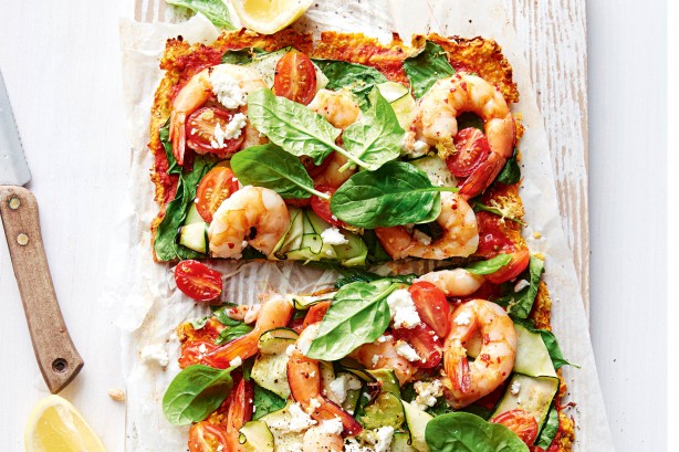 Pumpkin and chickpea pizza with prawns