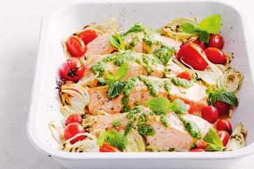 Roast salmon and fennel with broad bean 'pesto'