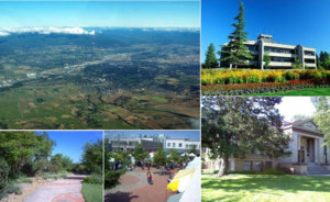 Clockwise, from top: aerial image of Medford, City Hall, the Medford Carnegie Library, Vogel Plaza, and Bear Creek Park.