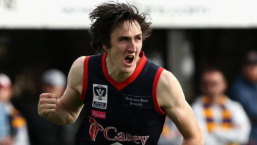 Oscar McInerney celebrates after kicking a goal in the VFL preliminary final.