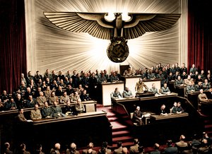 File - Adolf Hitler delivers a speech at the Kroll Opera House to the men of the Reichstag on the subject of Roosevelt and the war in the Pacific, declaring war on the United States, 11 December, 1941.