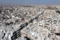 An aerial view of the buildings destroyed by the Assad Regime forces and Russian Army in Aleppo, Syria.