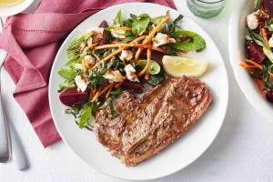 Cumin and sesame lamb with silverbeet and beetroot salad