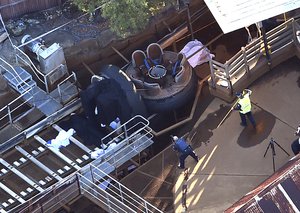 Queensland Emergency Services personnel are seen at the Thunder River Rapids ride at Dreamworld on the Gold Coast, Australia, Tuesday, Oct. 25, 2016.