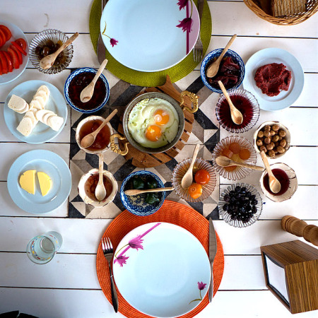 Visionally impressive but nutritionally disastrous Turkish breakfast. 80% of what you see here is a kind of “preserve” suspended in simple syrup. In the U.S., this would qualify as “part” of a nutritious breakfast. (c) 2016 Brian Awehali