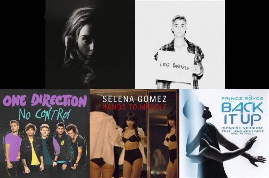 Prince Royce, Adele, Justin Bieber, Selena Gomez and One Direction single covers