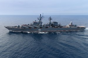 In this photo taken on Thursday, Jan. 21, 2016, the Russian missile cruiser Varyag on patrol in eastern Mediterranean. Russian warships equipped with an array of long-range missiles cruise off Syria's coast to back the air campaign in Syria and project Moscow's naval power in the Mediterranean.