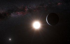 This artist’s impression shows the planet orbiting the star Alpha Centauri B, a member of the triple star system that is the closest to Earth. Alpha Centauri B is the most brilliant object in the sky and the other dazzling object is Alpha Centauri A. Our own Sun is visible to the upper right. The tiny signal of the planet was found with the HARPS spectrograph on the 3.6-metre telescope at ESO’s La Silla Observatory in Chile.