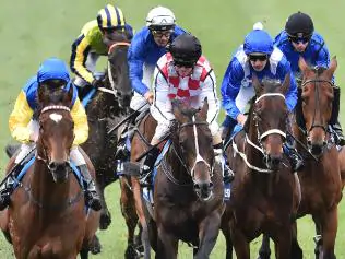 The field in the Cox Plate gallops down the straight for the first time as Hugh Bowman rides Winx (second from right) at Moonee Valley Racecourse in Melbourne, Saturday, Oct. 22, 2016. (AAP Image/Julian Smith) NO ARCHIVING, EDITORIAL USE ONLY