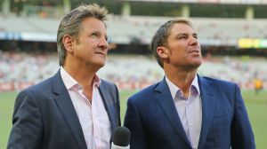 MELBOURNE, AUSTRALIA - NOVEMBER 07:  Channel Nine commentary team members Mark Nicholas and Shane Warne during game two ...