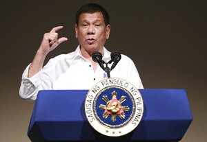 Philippine President Rodrigo Duterte drivers a speech at the Philippine Economic Forum in Tokyo, Wednesday, Oct. 26, 2016.