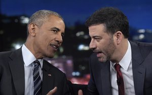 President Barack Obama talks with Jimmy Kimmel in between taping segments of Jimmy Kimmel Live! at the El Capitan Entertainment Center in Los Angeles, Monday, Oct. 24, 2016.