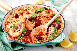 Chicken and prawn paella