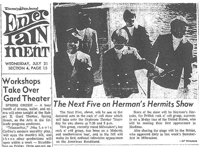 Next Five appearing with Herman's Hermits and the Robbs, August 1, 1968