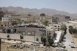 File - A destroyed funeral hall is seen after was hit by a Saudi-led airstrike on Saturday, in Sanaa, Yemen, Thursday, Oct. 13, 2016.