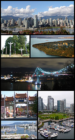 Clockwise from top: Downtown Vancouver as seen from the southern shore of False Creek, The University of British Columbia, Lions Gate Bridge, a view from the Granville Street Bridge, Burrard Bridge, The Millennium Gate (Chinatown), and totem poles in Stanley Park.