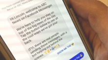 A message from ABC News on Facebook Messenger appears on a phone screen