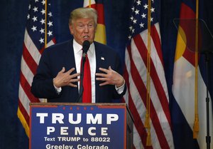 Republican presidential candidate Donald Trump speaks at a campaign rally at the University of Northern Colorado, in Greeley, Colo., Sunday, Oct. 30, 2016.