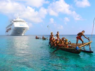 Pacific Dawn on her maiden call to Kirriwina Island. Picture: P&O Cruises