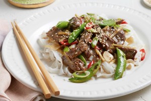 Ginger beef with sugar snap peas