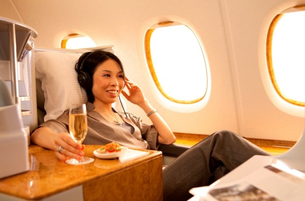 Settle back into the comfortable, spacious seats on Emirates A380 Business Class.