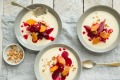 A dessert to celebrate spring, this lemon panna cotta recipe is served with  poached rhubarb, beetroot and hazelnuts.