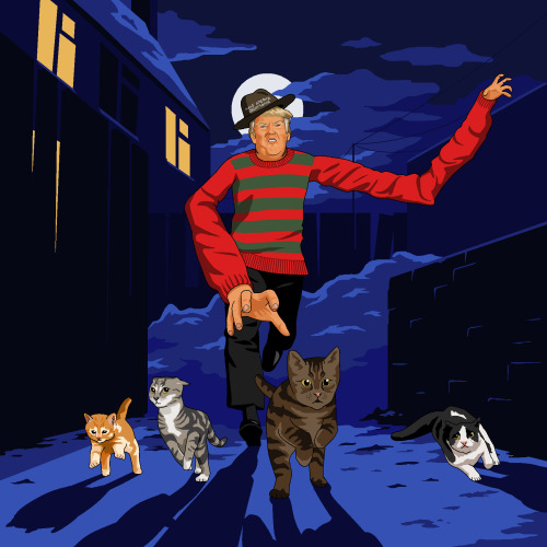 How about Trump trying to grab some terrified pussy cats down a dark alley. Maybe with those freaky long arms Freddy has in Nightmare on Elm Street?
Stephen Buxton