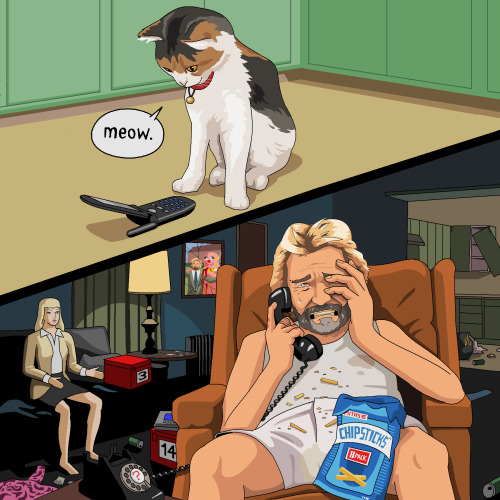 Can you please paint Noel Edmonds calling a cat to comfort him but the cat has turned the tables and ends up helping Noel get through what is clearly a very troubled period in his life
Charlie Ray