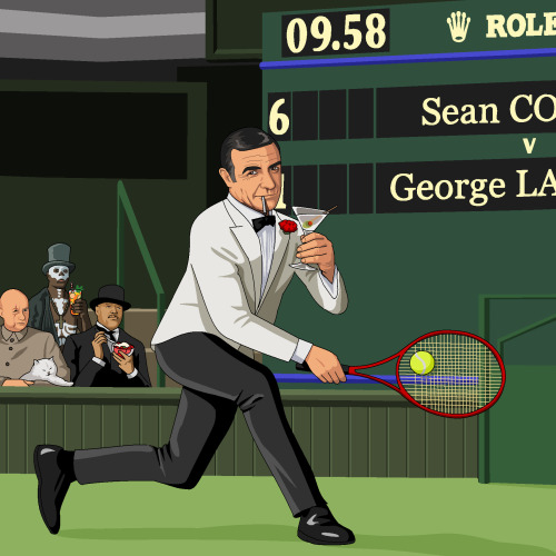 How about a painting of Sean Connery playing tennis at ten-ish at Wimbledon while dressed as James Bond?
Mark Spence