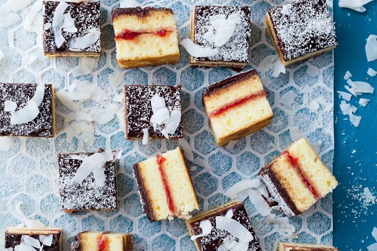 Panna cotta lamington cake with strawberry jam