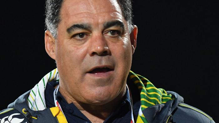 Australia Head Coach Mal Meninga watches play during the Four Nations rugby league match Scotland versus Australia at the KC Lightstream Stadium, Hull, England, Friday Oct. 28, 2016. (Dave Howarth/PA via AP)