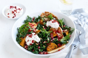 Kale, haloumi & pumpkin salad with lemon yoghurt dressing