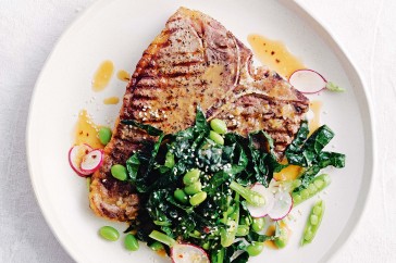 T-bone steaks with miso sesame snap salad