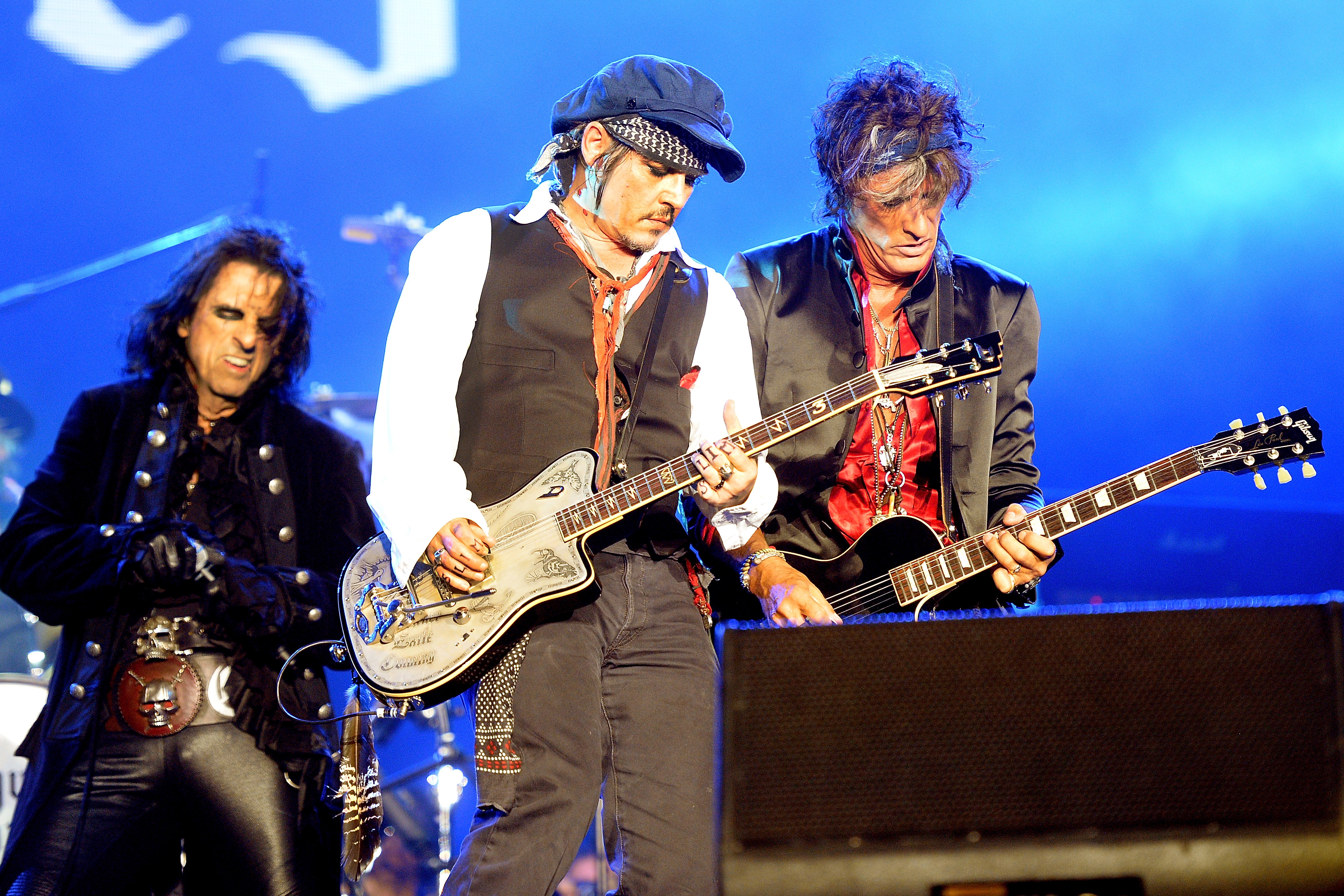 RIO DE JANEIRO, BRAZIL - SEPTEMBER 24:  (L-R) Alice Cooper, Johnny Depp and Joe Perry perform as The Hollywood Vampires durin