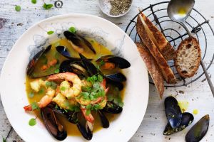 Prawn and mussel saffron stew.