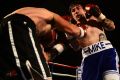 Tragic: Mike Towell, seen here taking on Danny Little in a welterweight bout in Glasgow, died of severe bleeding and ...