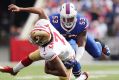 BUFFALO, NY - OCTOBER 16:   Zach Brown #53 of the Buffalo Bills sacks Colin Kaepernick #7 of the San Francisco 49ers ...